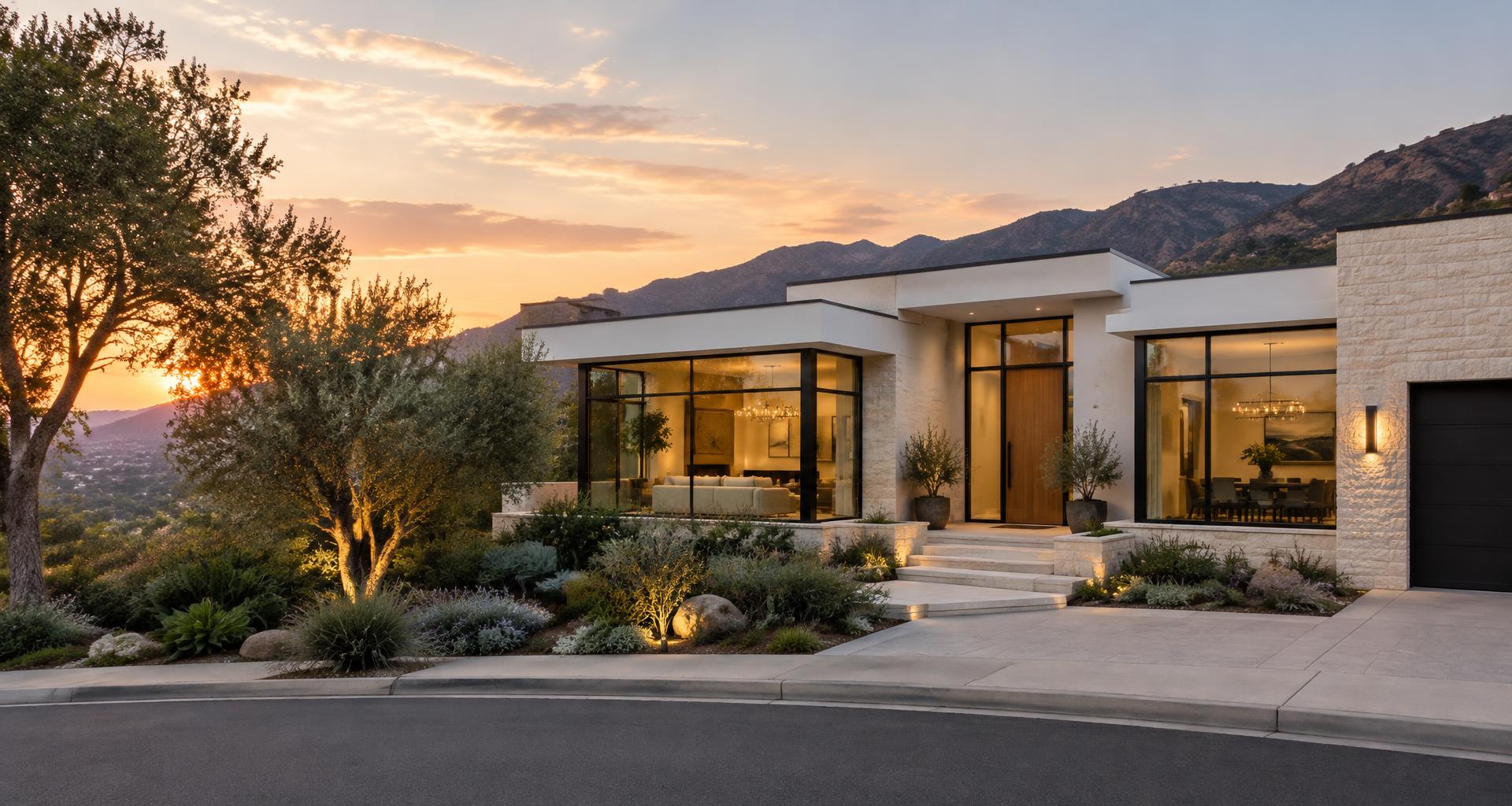 Contemporary California home with landscaped grounds at sunset
